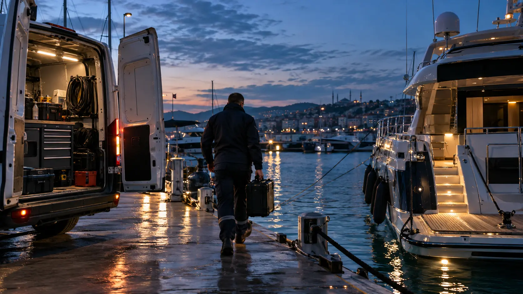 Rıhtımda bağlı tekneye yanaşan mobil marin servis aracı