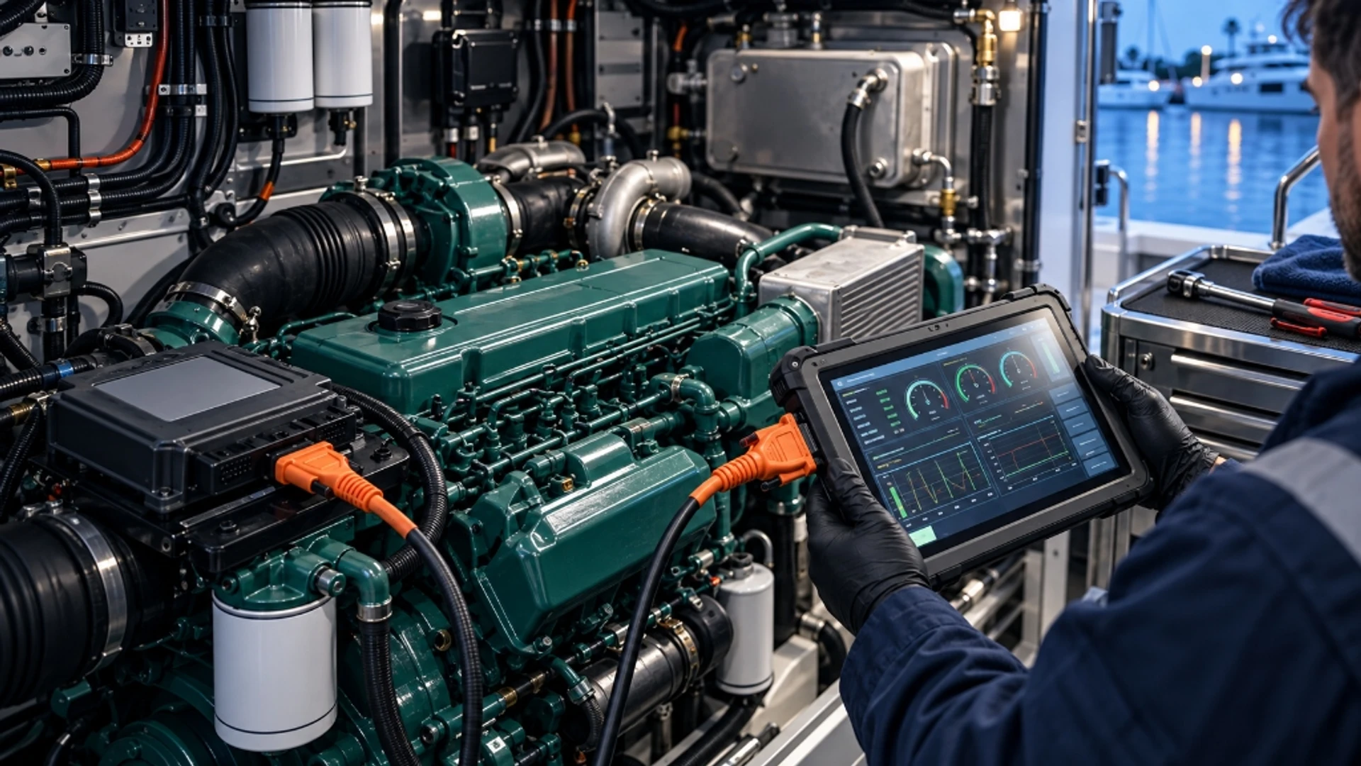 Yat makine dairesinde dijital teşhis tableti ile marin motor ve ECU arıza tespiti