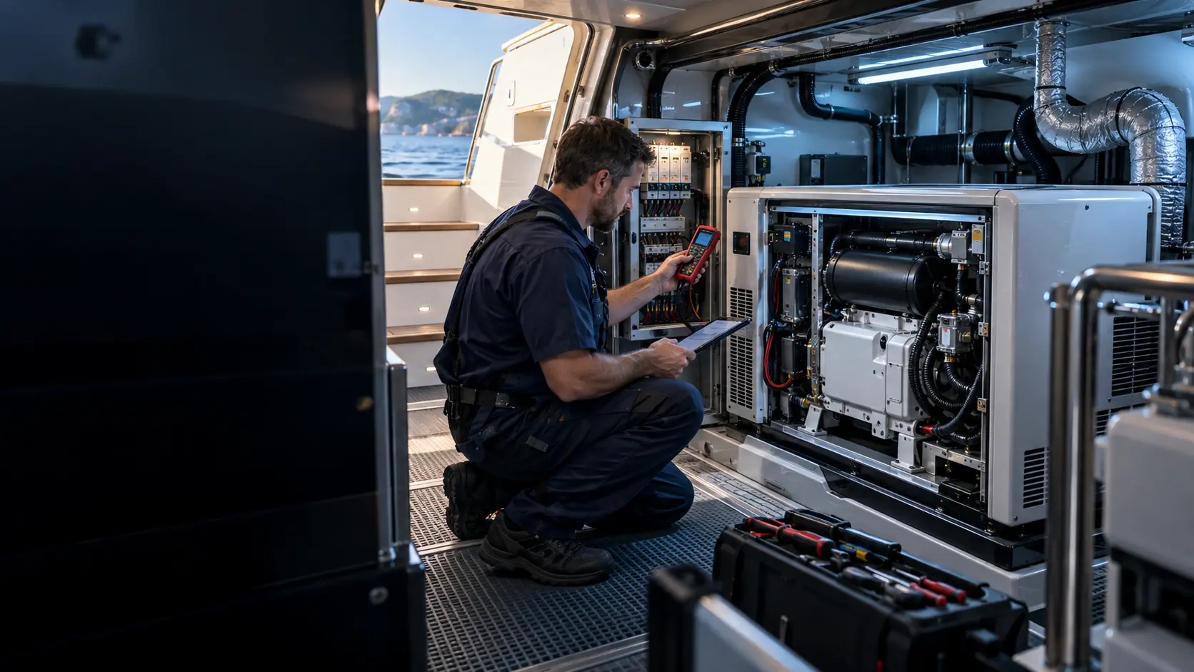 Marin jeneratör kontrol panelinde ölçüm yapan teknisyen
