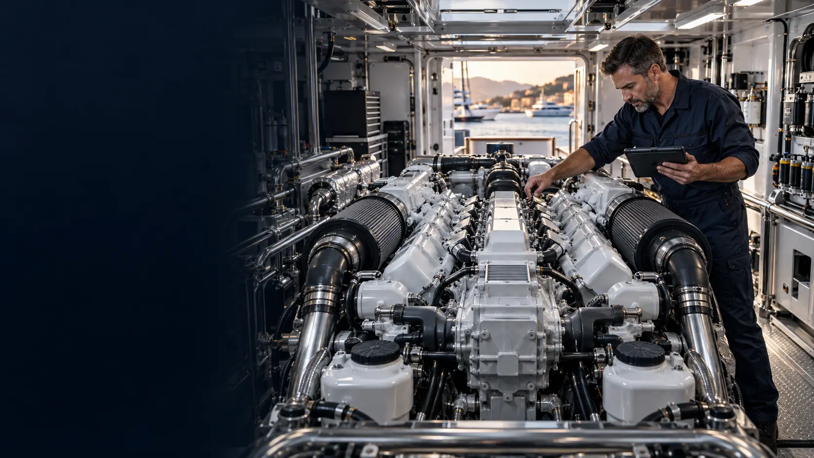 Yat makine dairesinde MAN Marine V8 V12 motor kontrolü yapan özel servis teknisyeni