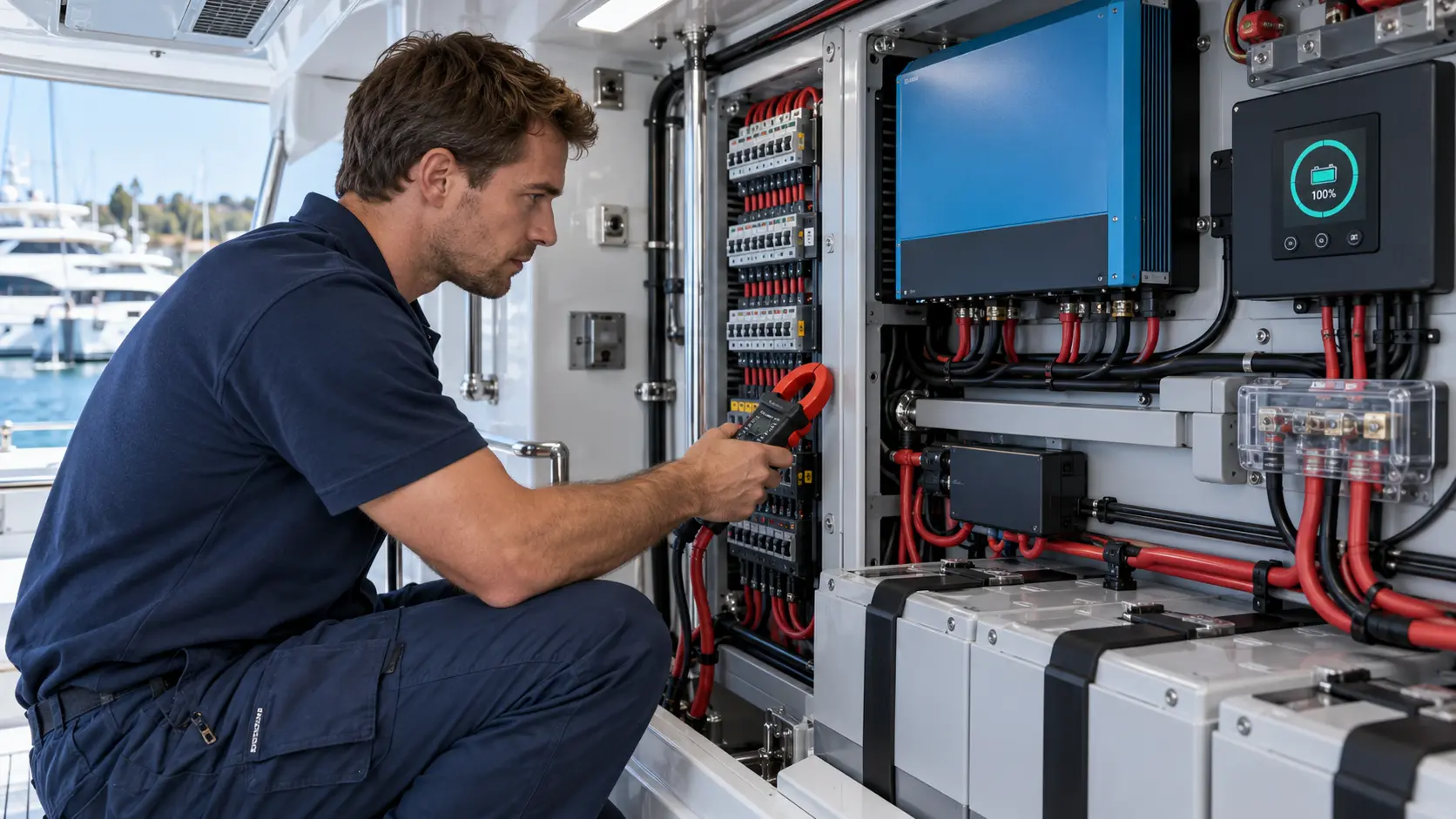 Tekne elektrik panosunda multimetre ile hassas ölçüm yapan teknisyen