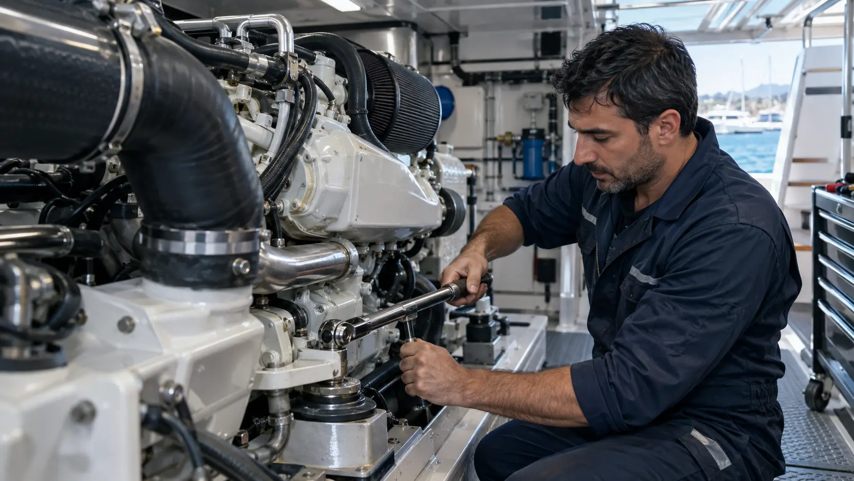 Yat makine dairesinde tekne dizel motor tamiri yapan marin teknisyeni