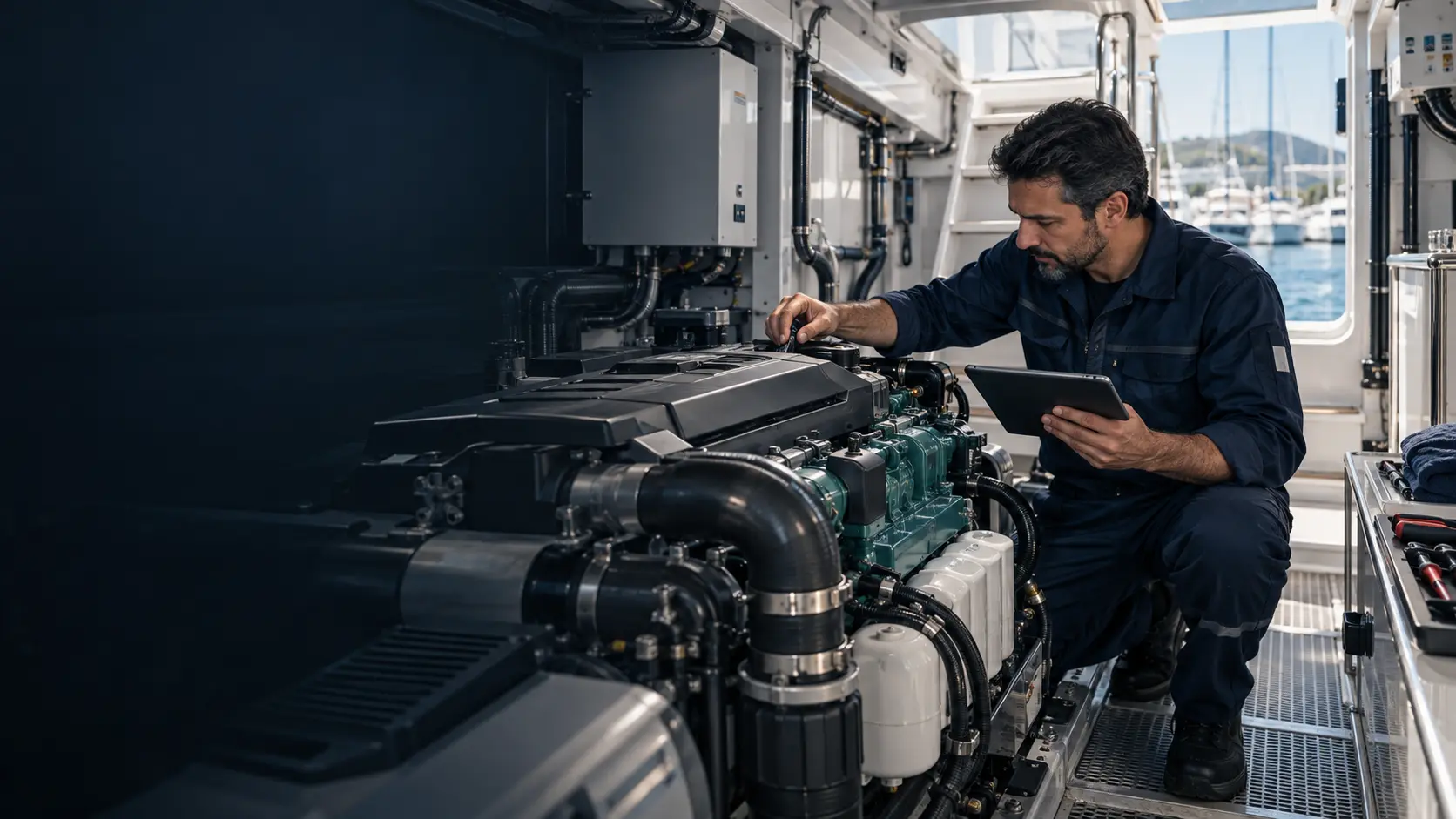 Yat motor dairesinde marin dizel motor bakımı yapan özel servis teknisyeni